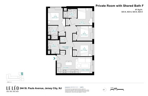 Floor plan for 1 bed, 1 bath, 97 sqft